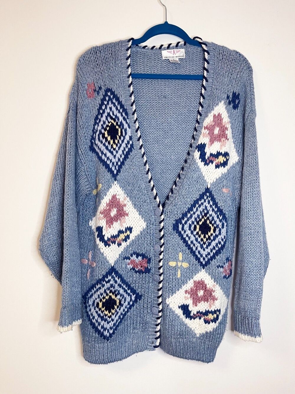 Vintage American Weekend Cardigan L Blue Southwestern Knit Folk Boho Grandpa